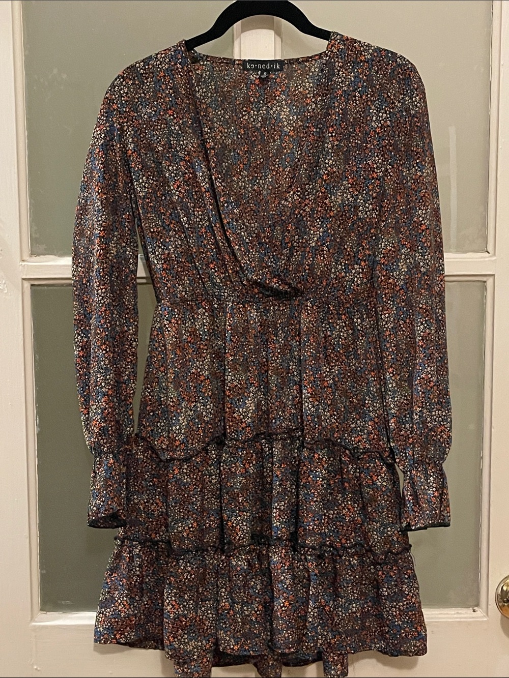 Kenedik Floral Tiered Long-Sleeve Dress in Blue, Rust & Cream. Lightweight